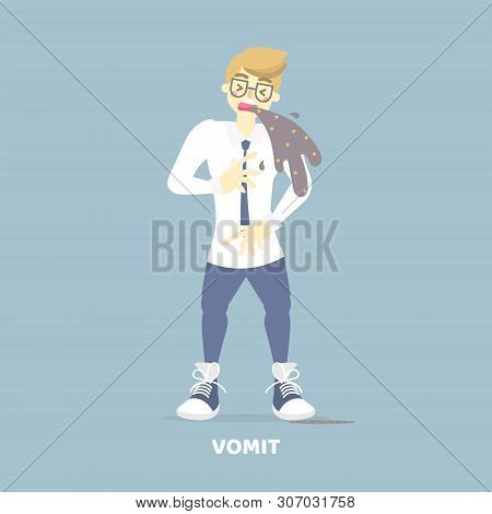 Sick Man Vomiting, Health Care Disease Symptoms Concept, Background,flat Vector Illustration Cartoon