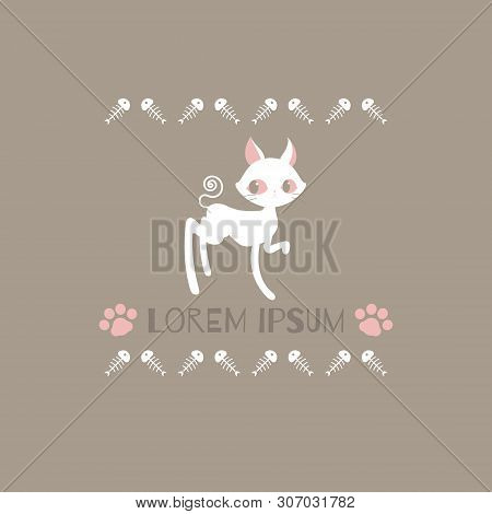 The Cute Animal Pet White Cat With Paw And Fish Bone Logo Label In Brown Background,flat Vector Illu