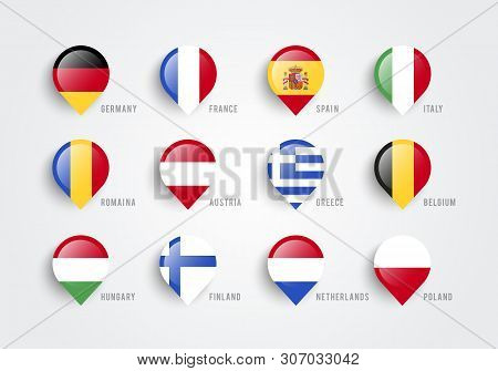 Vector Illustration Map Pointers With Flago Of Europe