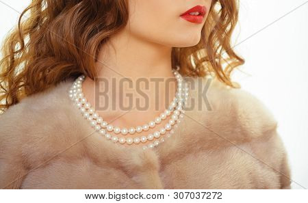 For Posh Girl. Pearl Necklace And Mink Fur. Natural Pearl Beads And Fur. Fashion Accessory And Jewel