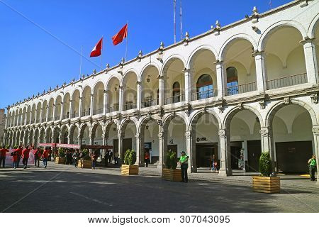 May Day Parade On Plaza De Armaz Or Plaza Mayor Square Of The Historic Centre Of Arequipa, Peru, Sou