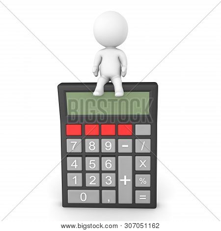 3D Character Sitting On Top Of Retro Pocket Calculator