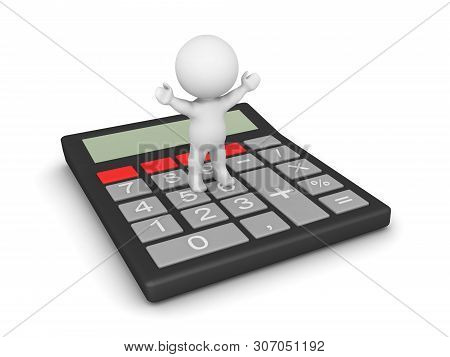 3D Character With Arms Raised Standing On Calculator