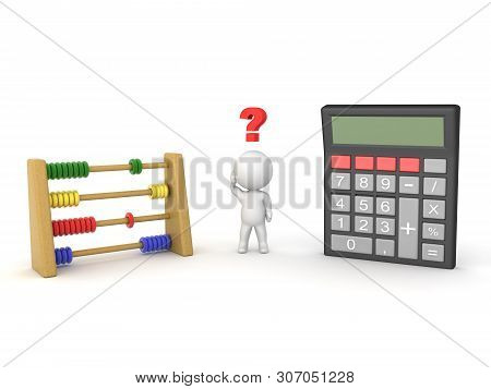 3D Character Looking At Abacus And Pocket Calculator
