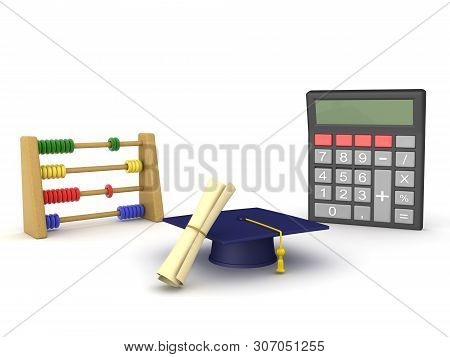 3D Rendering Of Abacus, Calculator And Graduation Hat With Diploma
