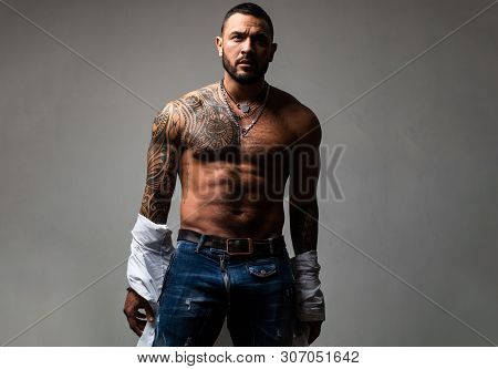 Improving His Physique With Testosterone. Strong Hispanic Man Full Of Testosterone. Athletic Latino 