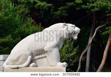 Kaesong, North Korea - May 5, 2019: Granite Lion Sculpture Near Tomb Of King Wanggon The Founder Of 
