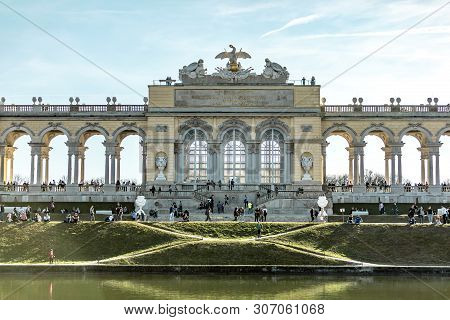 Viena, Austria - March 18, 2019: View On The Austrian Arch Near The River On The Blue Summer Sky Bac