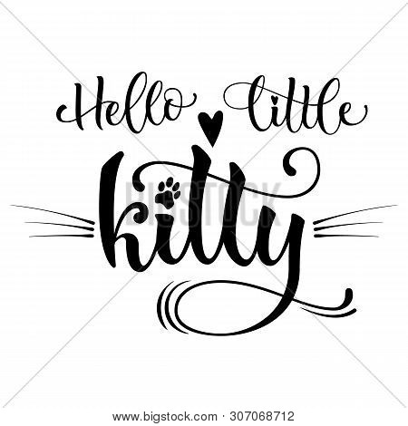 Hello Little Kitty Quote. Baby Shower Hand Drawn Calligraphy Style Lettering Phrase.