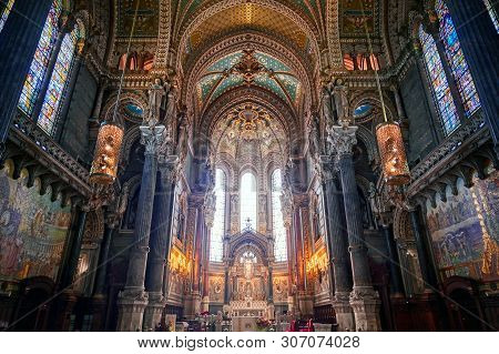 Lyon, France -  June 13, 2019 : The Basilica Notre Dame De Fourviere, Built Between 1872 And 1884, L