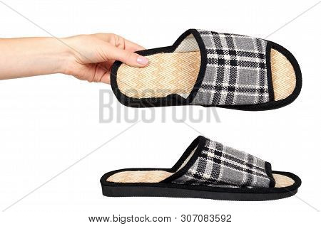 Hand With Striped Cotton Slippers, Child Footwear.