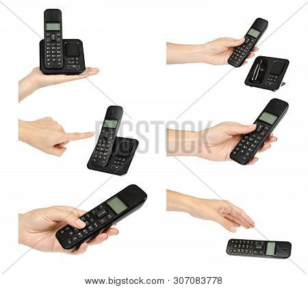Hand With Black Office Phone, Set And Collection.