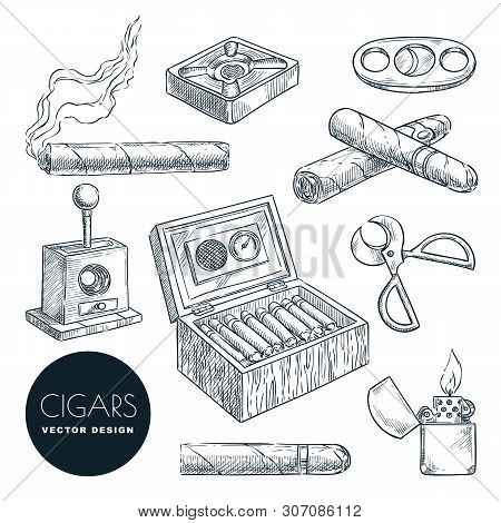 Cuban Cigars And Accessories Vector Vintage Sketch Illustration. Tobacco Smoking Hand Drawn Icons Se