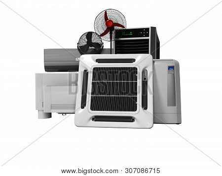 Concept Group Of Equipment For Cooling And Air Conditioning Of Large Rooms 3d Render On White Backgr
