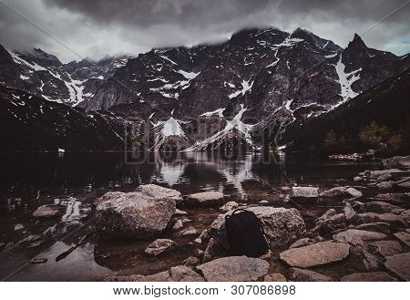 Spectacular View To The Beautiful Mountains With Mirroed Reflection And Clouds At Sunrise Time.