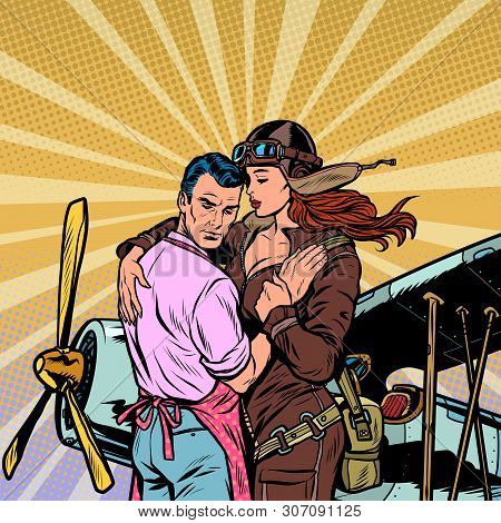 Woman Pilot Says Goodbye To A Man, A Couple In Love With A Retro Plane. Pop Art Retro Vector Illustr