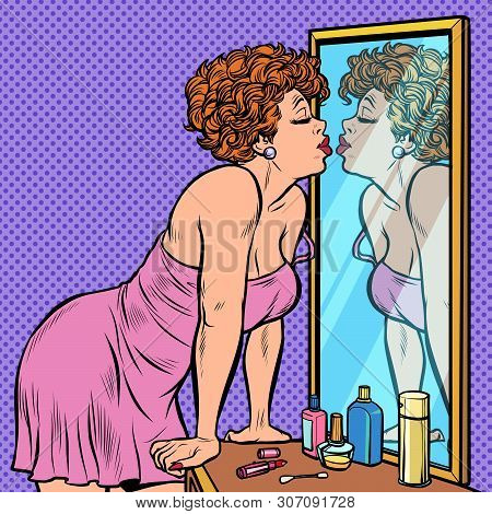 Woman In Nightgown Kissing Her Reflection In The Mirror. Pop Art Retro Vector Illustrator Vintage Ki