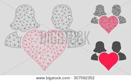 Mesh Family Love Heart Model With Triangle Mosaic Icon. Wire Carcass Polygonal Mesh Of Family Love H