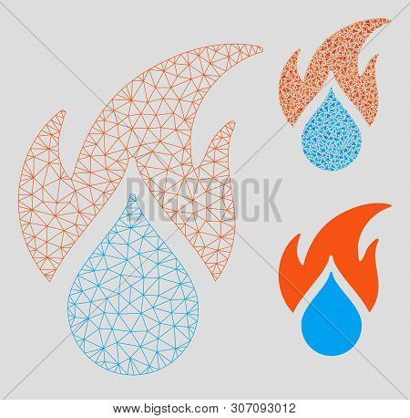 Mesh Fired Water Drop Model With Triangle Mosaic Icon. Wire Carcass Triangular Mesh Of Fired Water D