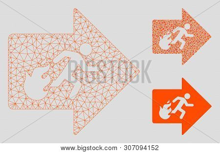 Mesh Fire Exit Model With Triangle Mosaic Icon. Wire Carcass Polygonal Mesh Of Fire Exit. Vector Col