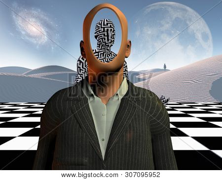 Surrealism. Faceless businessman stands on chessboard. Figure of a man covered by maze pattern. Lonely man in a distance. 3D rendering