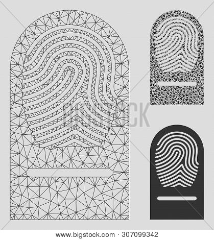 Mesh Finger Print Model With Triangle Mosaic Icon. Wire Frame Polygonal Mesh Of Finger Print. Vector