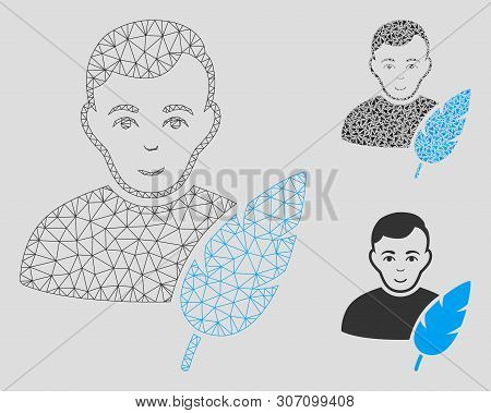 Mesh Feather Writer Model With Triangle Mosaic Icon. Wire Frame Polygonal Mesh Of Feather Writer. Ve