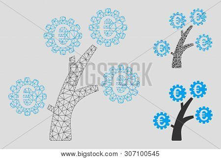 Mesh Euro Technology Tree Model With Triangle Mosaic Icon. Wire Carcass Polygonal Network Of Euro Te