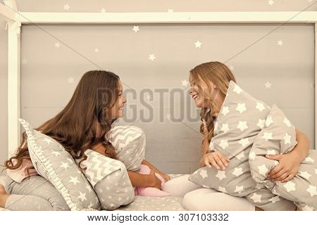 Sleepover Time For Pillow Fight. Girls Sleepover Party Ideas. Soulmates Girls Having Fun Sleepover P