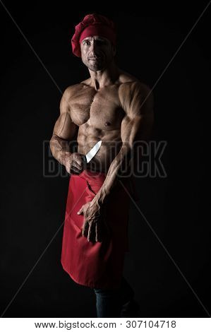 He Is A Mean Cook. Professional Master Cook On Black Background. Man Cook With Muscular Torso Wearin