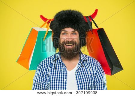 Sale, Big Savings No Waiting. Bearded Man Smiling With Purchases Bought At Sale. Happy Hipster In Bu