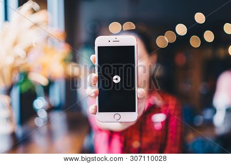 Chiang Mai, Thailand - Apr.08,2019: Woman Holding Apple Iphone 6s Rose Gold With Uber Apps. Uber Is 