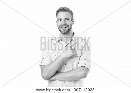 Find Solution. Man With Bristle Smiling Face White Background. Guy Happy Find Solution. Achieve Succ