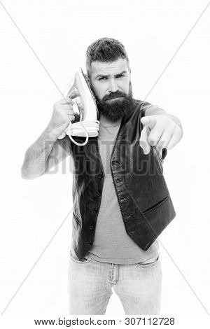 I Could Hear You. Bearded Man Pretend Talking To Clothes Iron. Household Ironing. Unshaven Brutal Ma