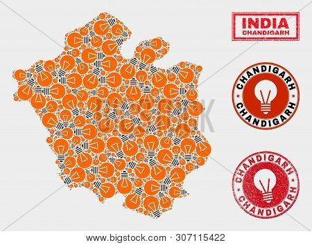 Electrical Lamp Mosaic Chandigarh City Map And Grunge Rounded Stamps. Mosaic Vector Chandigarh City 