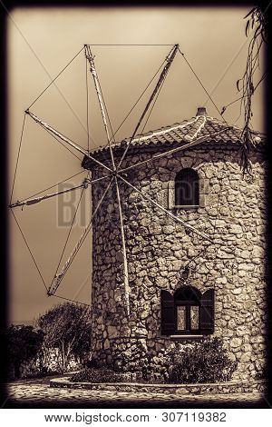 Vintage Old Windmill In Skinari Cape, Zakynthos Island, Greece