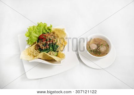 Cwie Mie Or Cui Mie, Asian Noodles With Chicken, Vegetable, And Meatballs In A Bowl