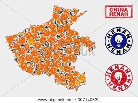 Power Lamp Mosaic Henan Province Map And Grunge Round Stamp Seals. Mosaic Vector Henan Province Map 