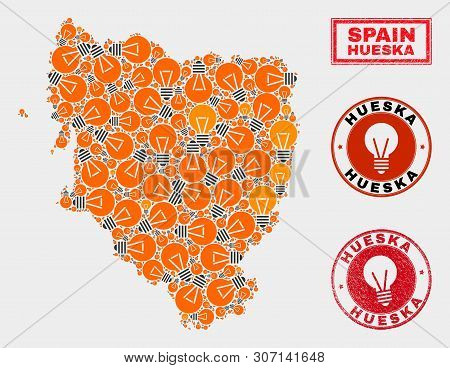 Electrical Lamp Mosaic Hueska Province Map And Grunge Round Watermarks. Mosaic Vector Hueska Provinc