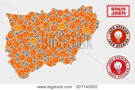 Energy Bulb Mosaic Jaen Spanish Province Map And Rubber Round Stamp Seals. Mosaic Vector Jaen Spanis
