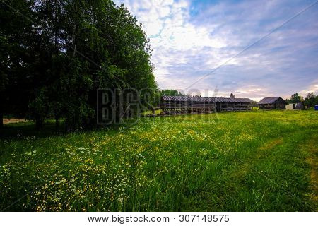 landscape with the image of russian north village Ferapontovo in Vologda region