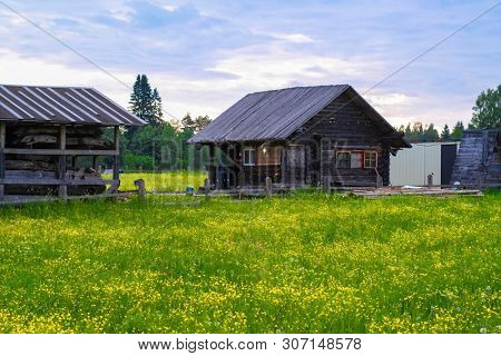landscape with the image of russian north village Ferapontovo in Vologda region