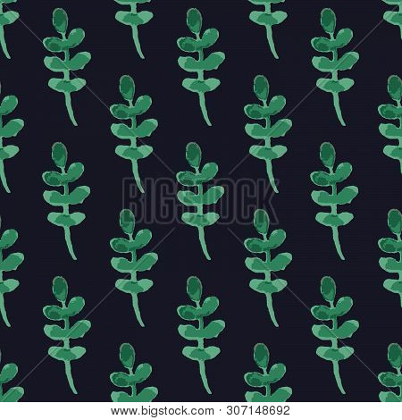 Vector Pattern Of Watercolor Green Leaves On Dark Blue Background