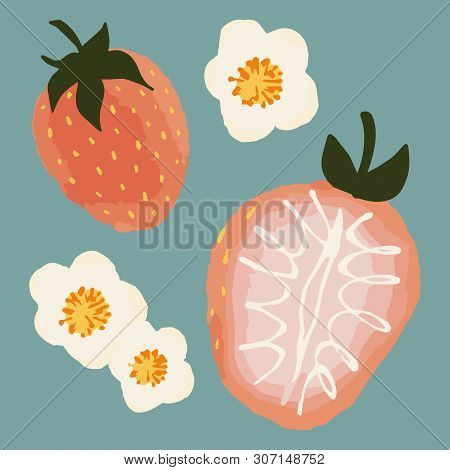 Vector Illustration Of Strawberries And Flowers On Blue Background