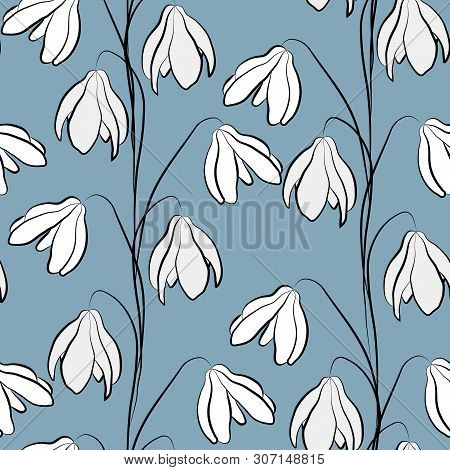 Vector Pattern Of White Snowdrops On Dark Blue Background