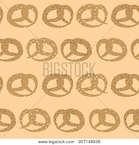 Vector Seamless Pattern Of Pretzels With Sesame, Salt And Poppy Seeds On Pastel Yellow Background