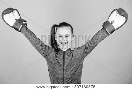 Boxing Provide Strict Discipline. Girl Cute Boxer On Blue Background. Contrary To Stereotype. Boxer 