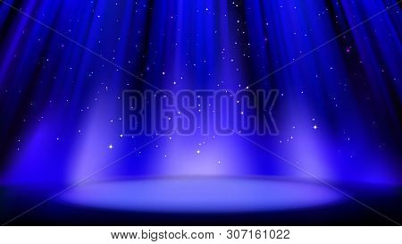 Empty Blue Scene With Dark Background, Place Lit By Soft Spotlight, Shiny Sparkling Particles. Blue 