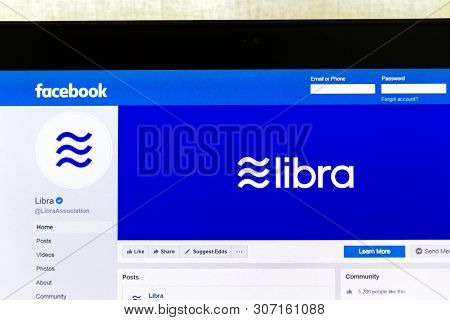 Prague, Czech Republic - June 19 2019: Facebook Page Of Cryptocurrency Libra On Notebook Screen On J