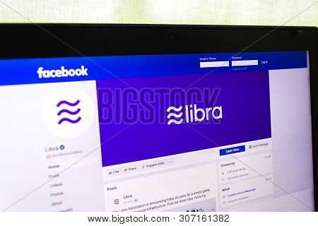 Prague, Czech Republic - June 19 2019: Facebook Page Of Cryptocurrency Libra On Notebook Screen On J